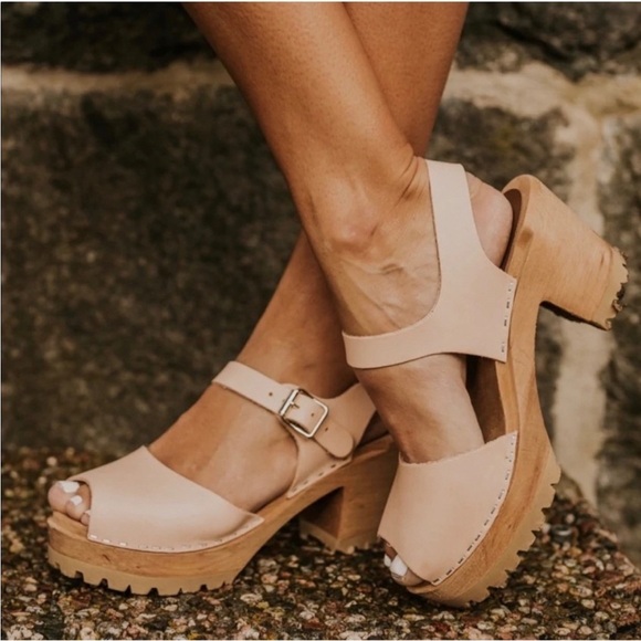 MIA Sweden Greta Leather Wood chunky Platform Clog Sandals Tan 39 / 9 - Picture 3 of 16